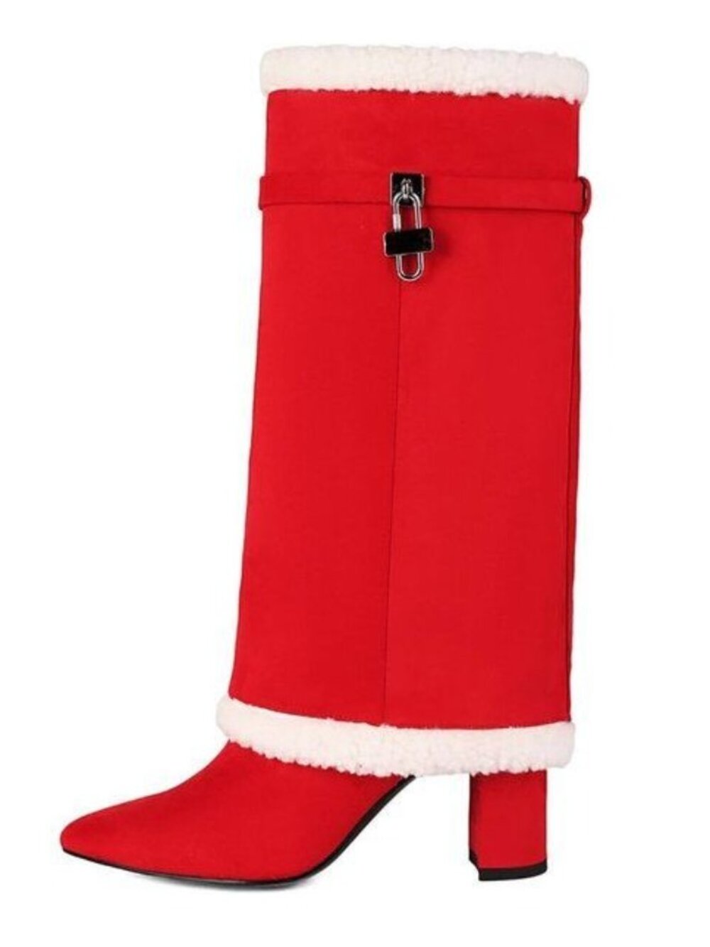 AIJIVOU Size 8 Boots Red Fold Over Padlock Mid Calf Pointed Toe Fur Trim